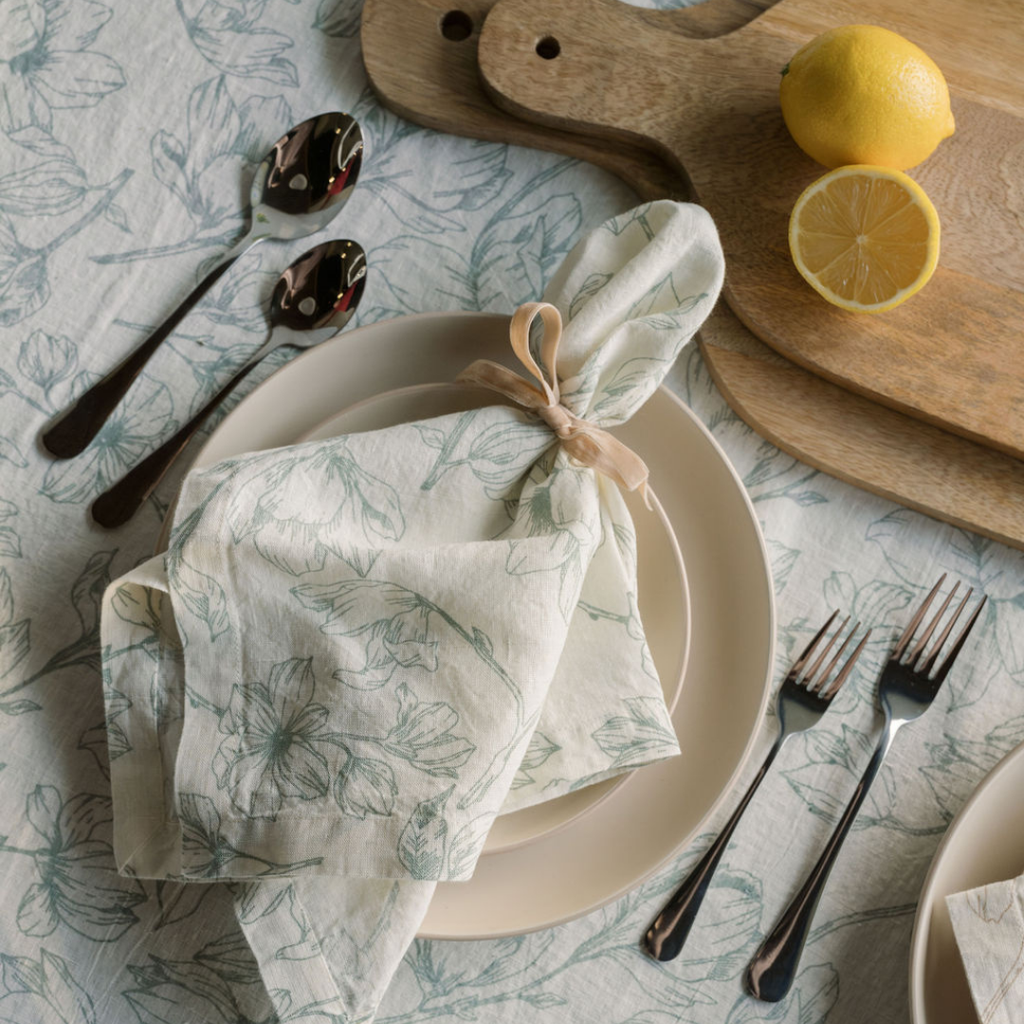 Grey and Green Lilies Linen Tablecloth