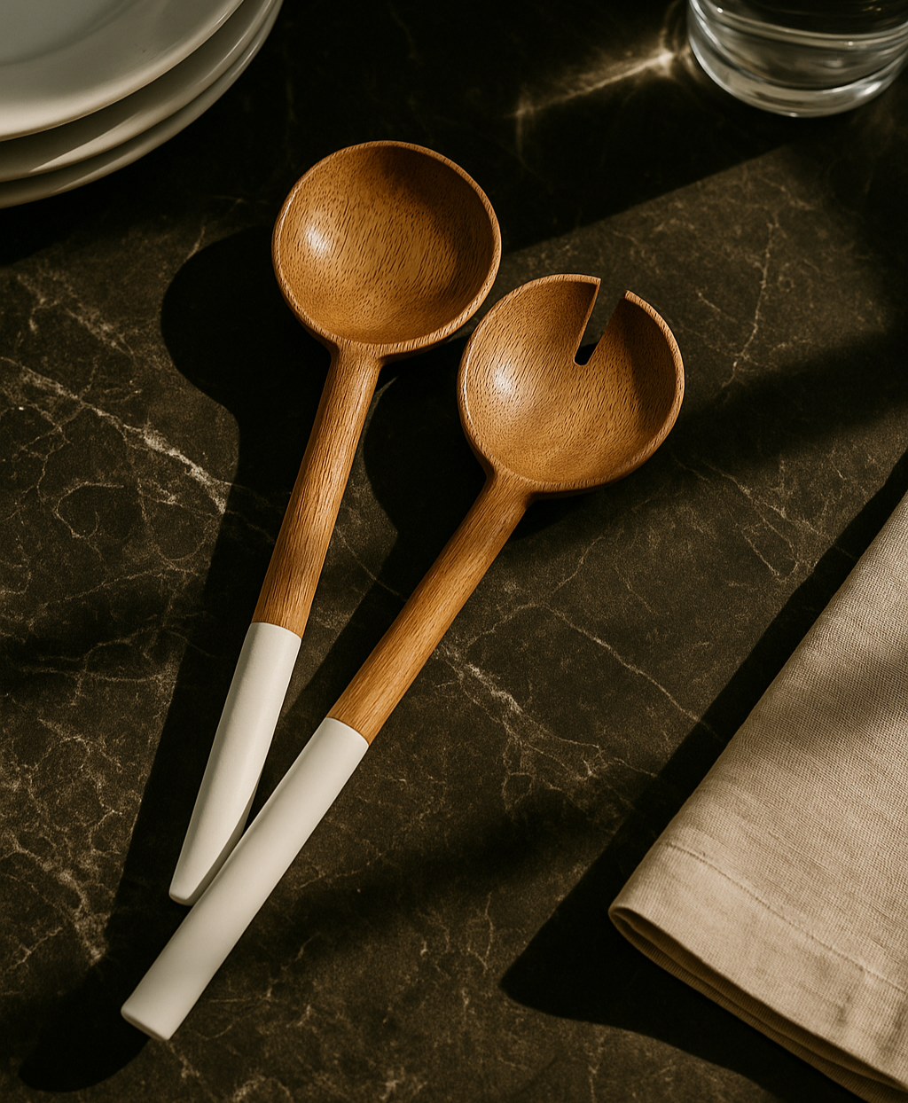 Palmer Wood + White Salad Servers, Set of 2