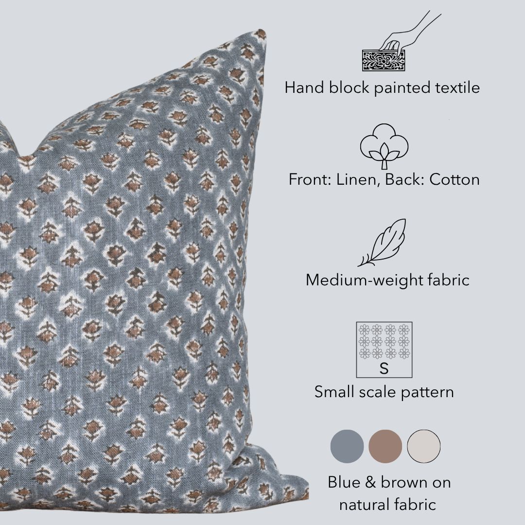 Aster Floral Block Printed Pillow Cover | Blue