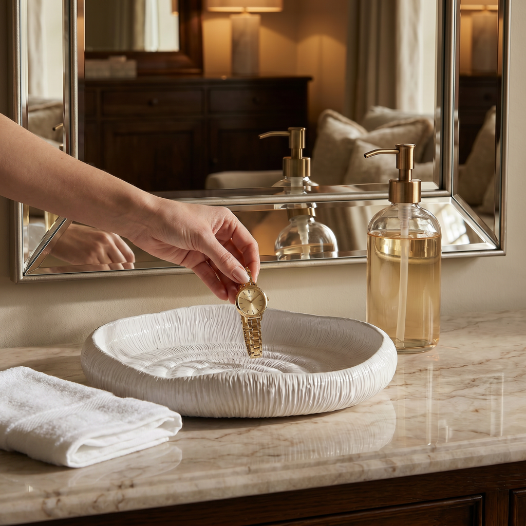 Zephyr Serving Tray, Artisan Cement Display Piece, Hand-painted in White Dove, 14.1"D x 2.3"H