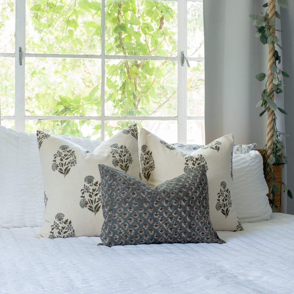 Aster Floral Block Printed Pillow Cover | Blue, Brown | Lumbar
