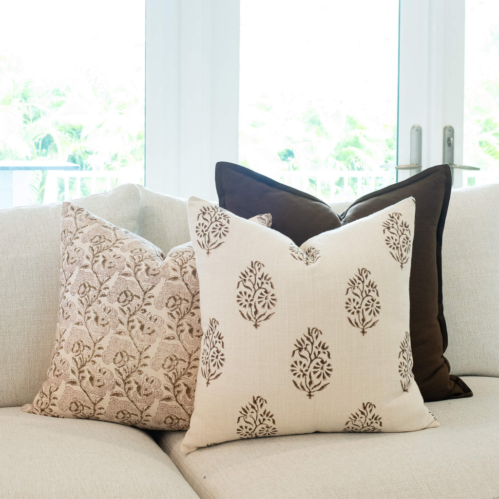 Magnolia Floral Block Printed Pillow Cover | Burgundy, Mustard