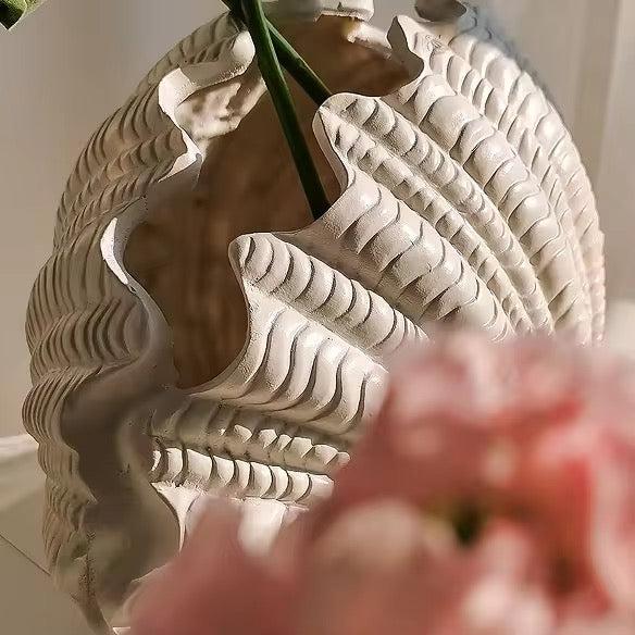 Coraline Terracotta Vase, Hand-painted in Oyster White, 12.2"L x 8.2"H