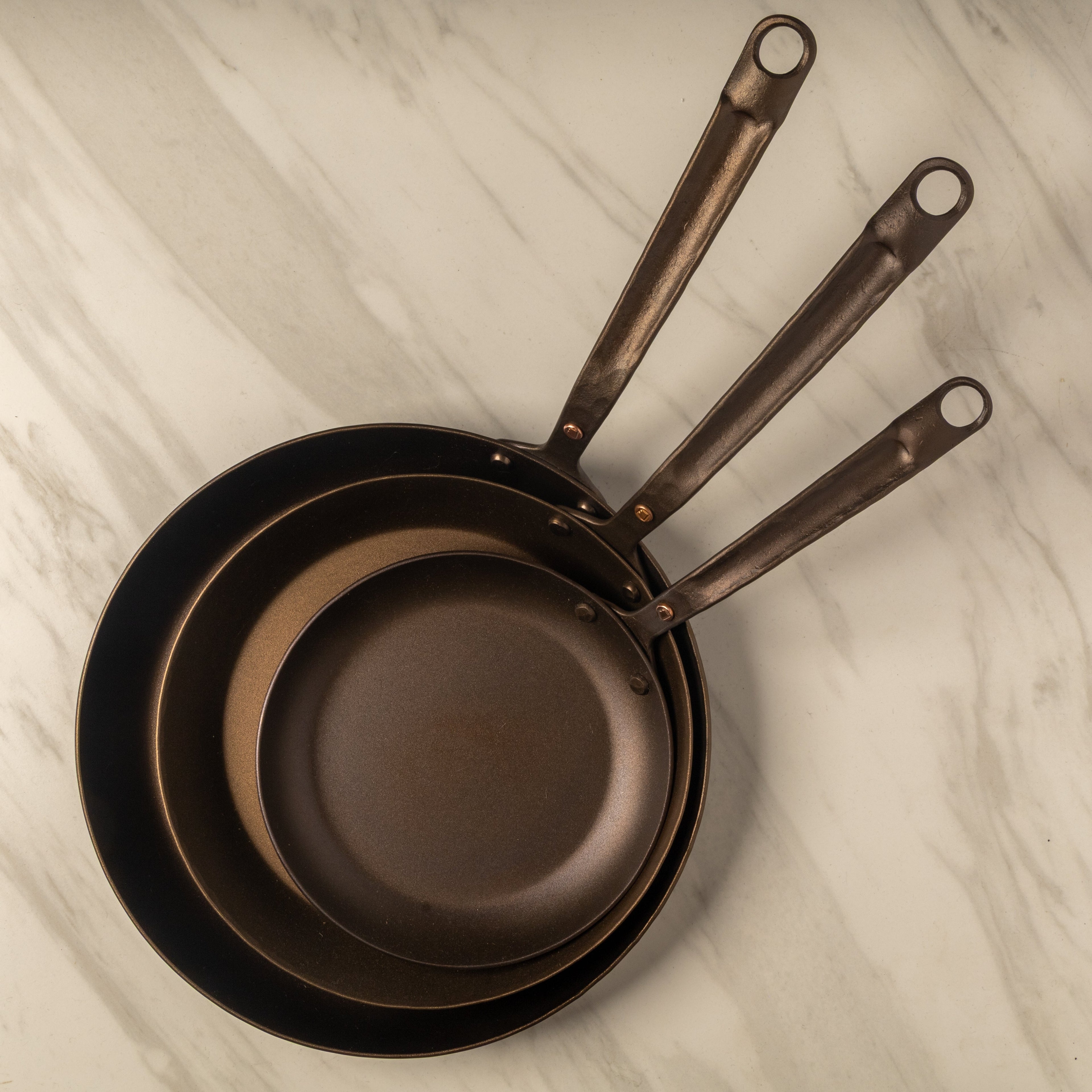 8",10",12" Round Carbon Steel Skillets Set - Hand Forged