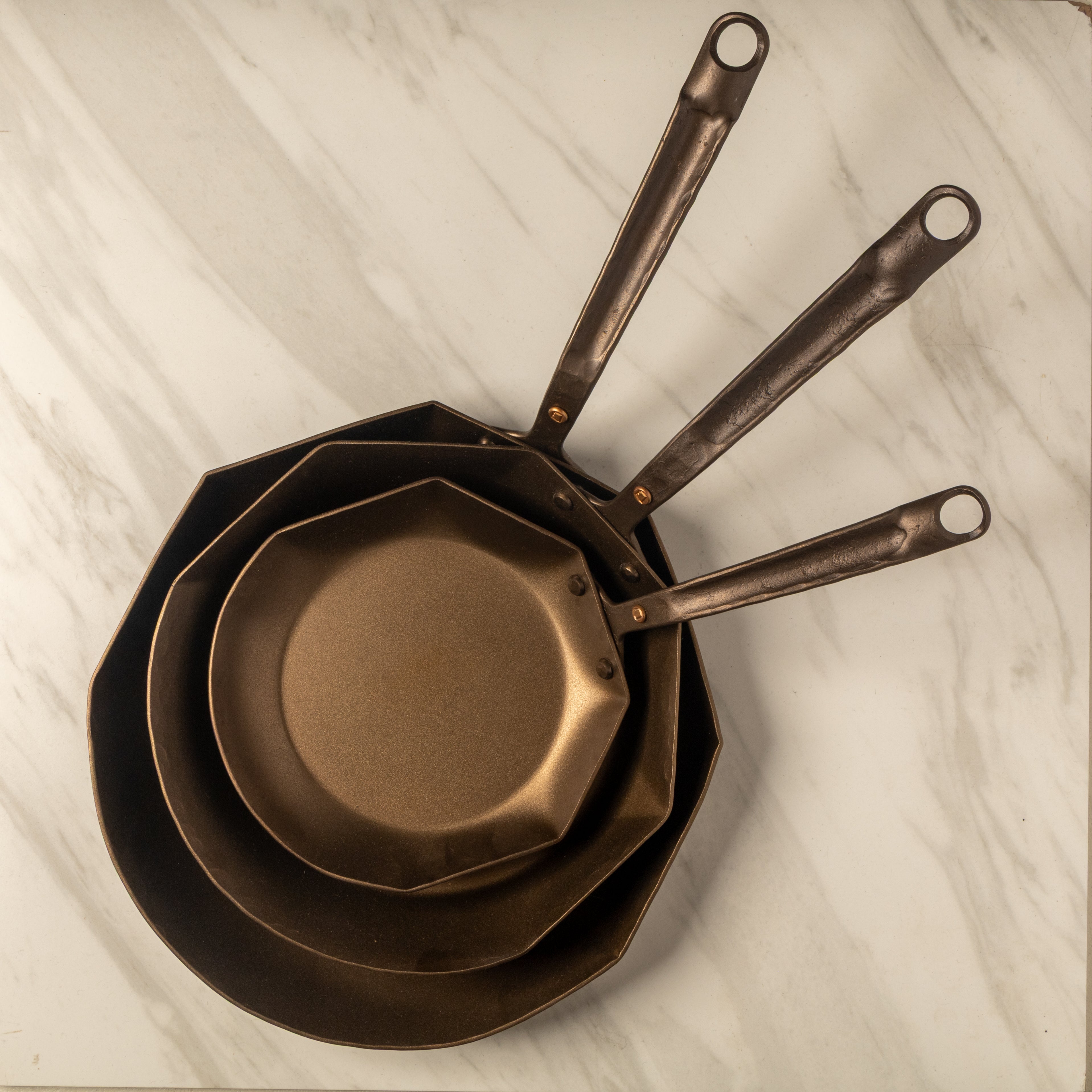 8",10",12" Hybrid Carbon Steel Skillets Set - Hand Forged