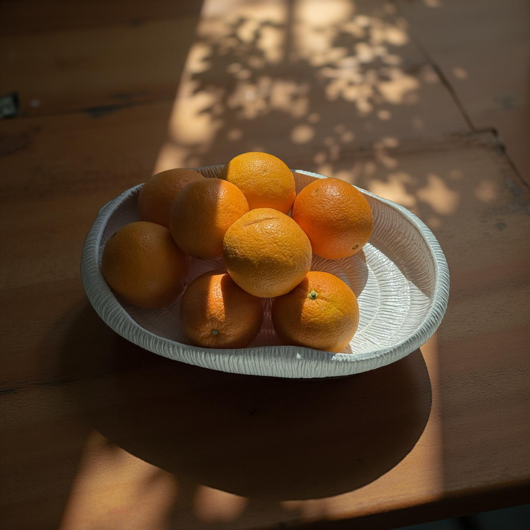 Zephyr Serving Tray, Artisan Cement Display Piece, Hand-painted in White Dove, 14.1"D x 2.3"H