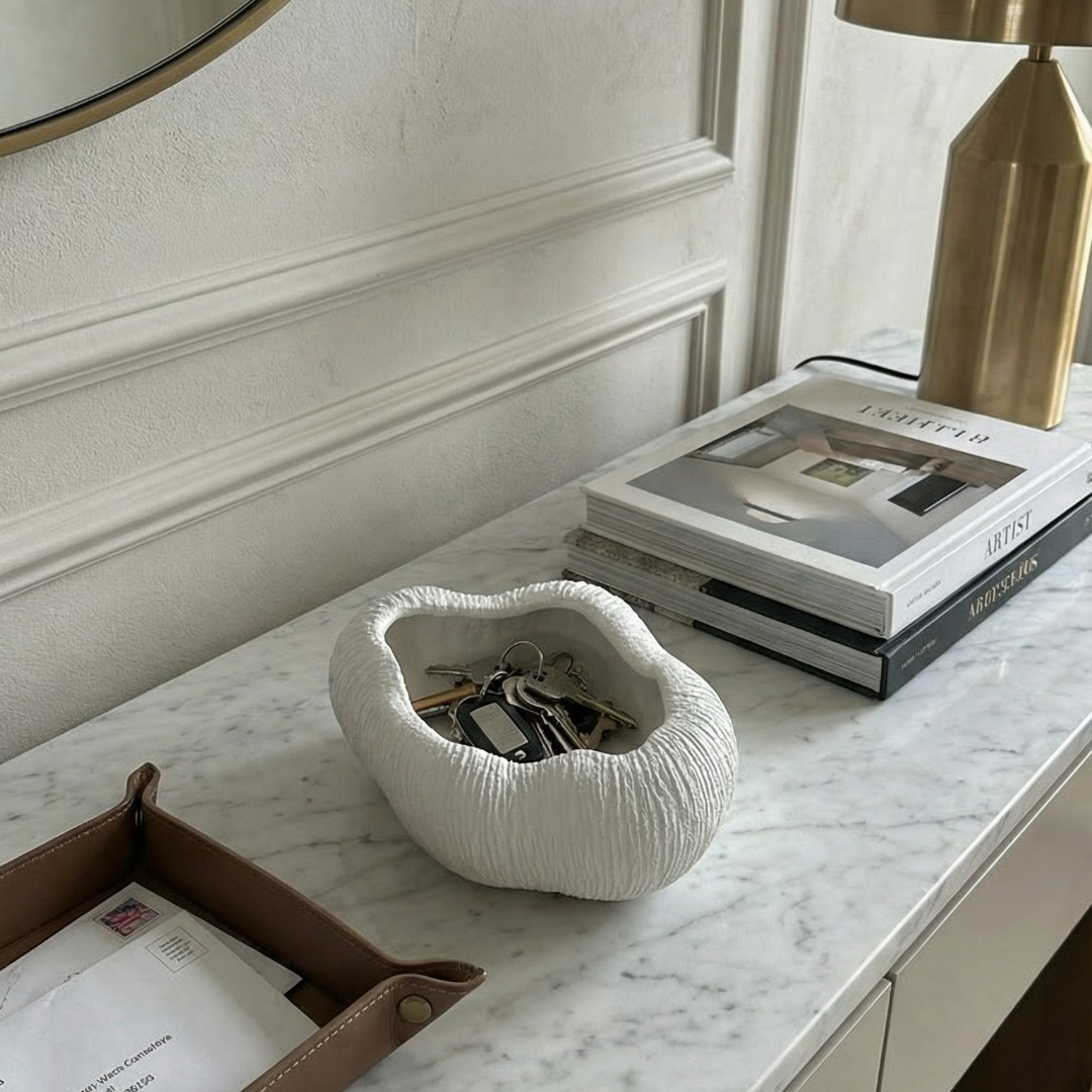Zephyr Bowl, Artisan Cement Display Piece, Hand-painted in White Dove, 9.8"D x 5.5"H