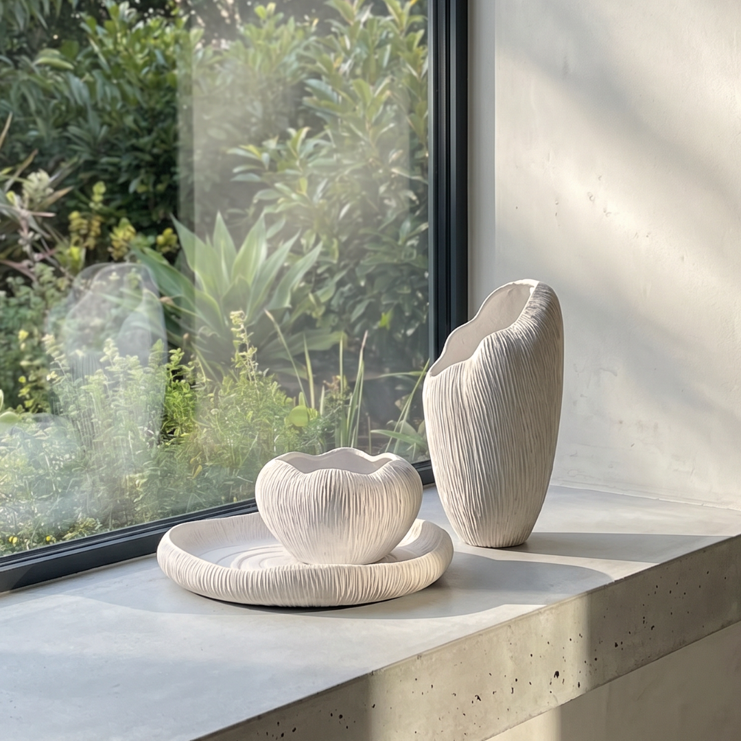 Zephyr Vasque, Artisan Cement Display Piece Hand-painted in White Dove, 8.2"D x 15.7"H