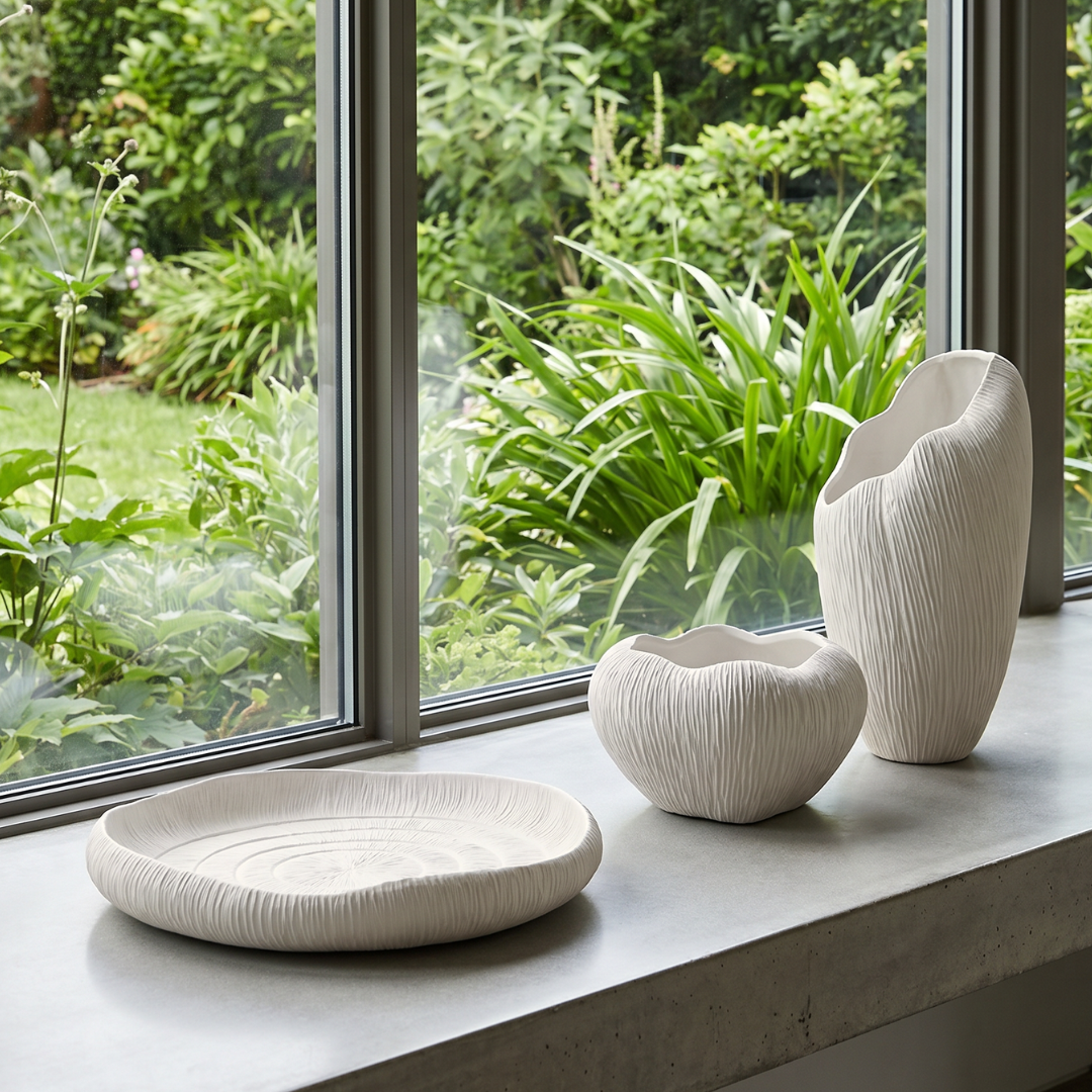 Zephyr Bowl, Artisan Cement Display Piece, Hand-painted in White Dove, 9.8"D x 5.5"H