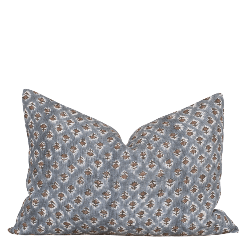 Aster Floral Block Printed Pillow Cover | Blue, Brown | Lumbar