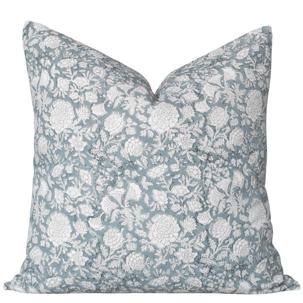 Chloe Floral Block Printed Pillow Cover | Blue