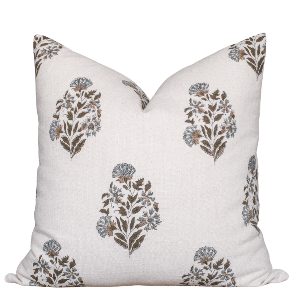 Briar Floral Block Printed Pillow Cover | Blue, Brown, Green