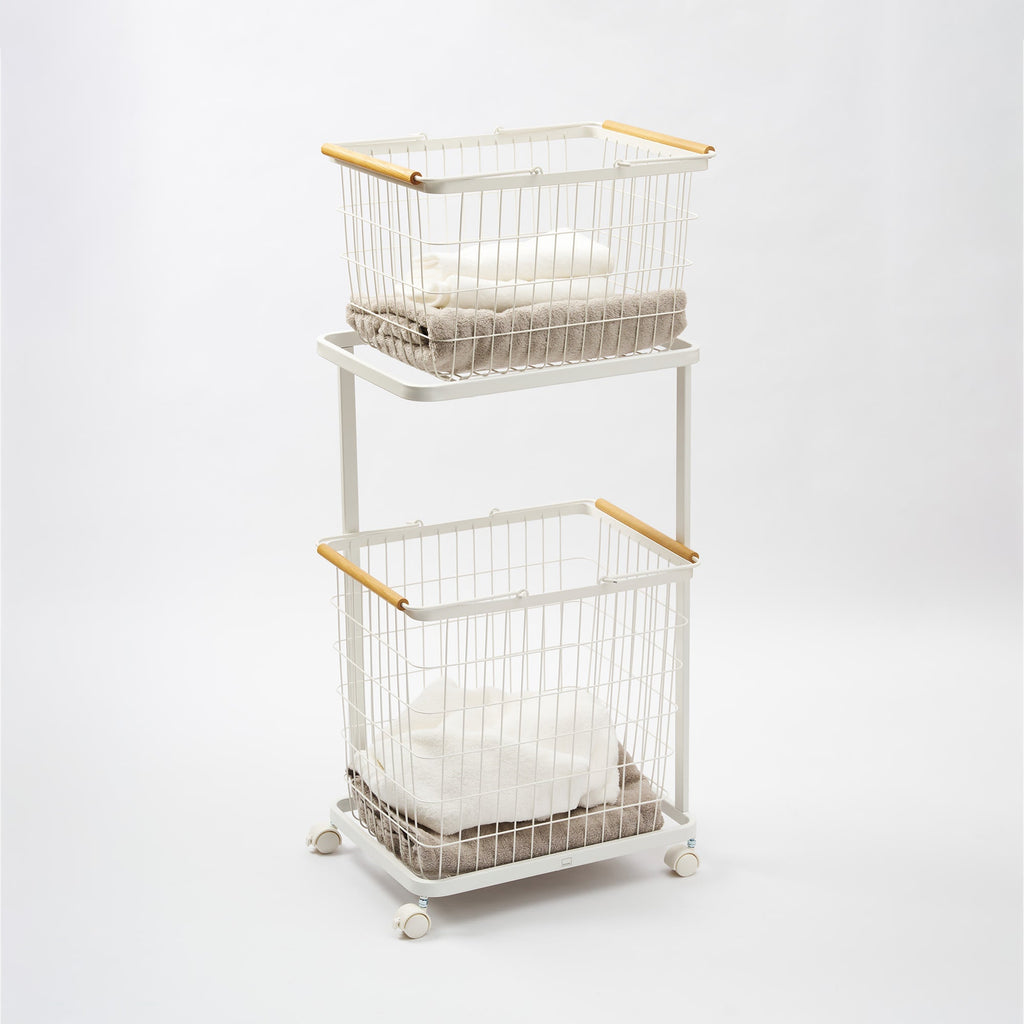 Rolling Laundry Cart + Wire Baskets (38" H)  - Steel + Wood