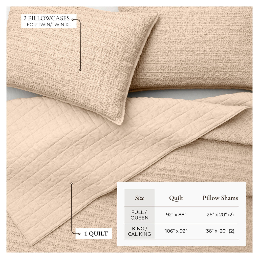 100% Cotton Honeycomb Waffle Garment Washed Quilt Set - Genevieve Collection