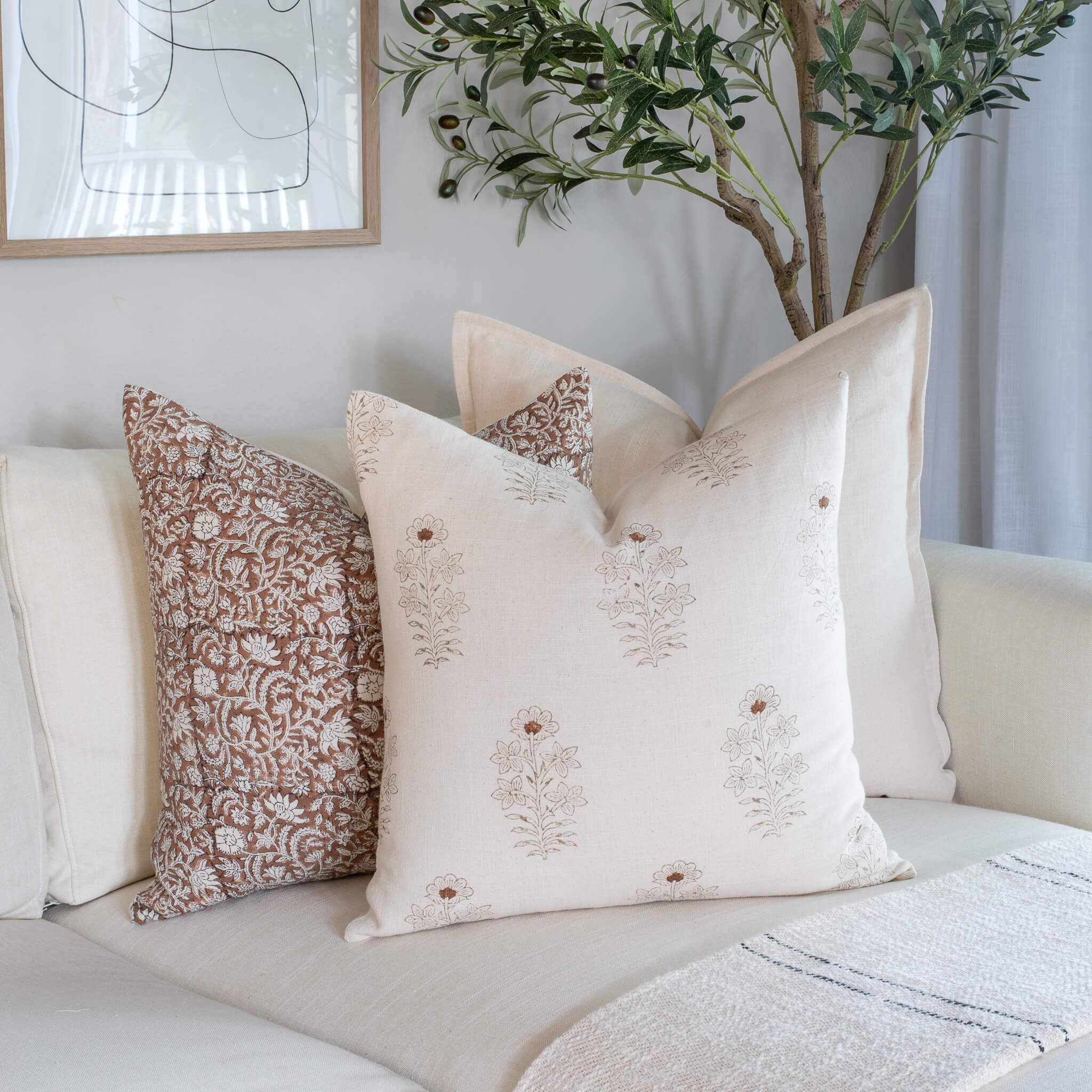 Nina Floral Block Printed Pillow Cover | Brown