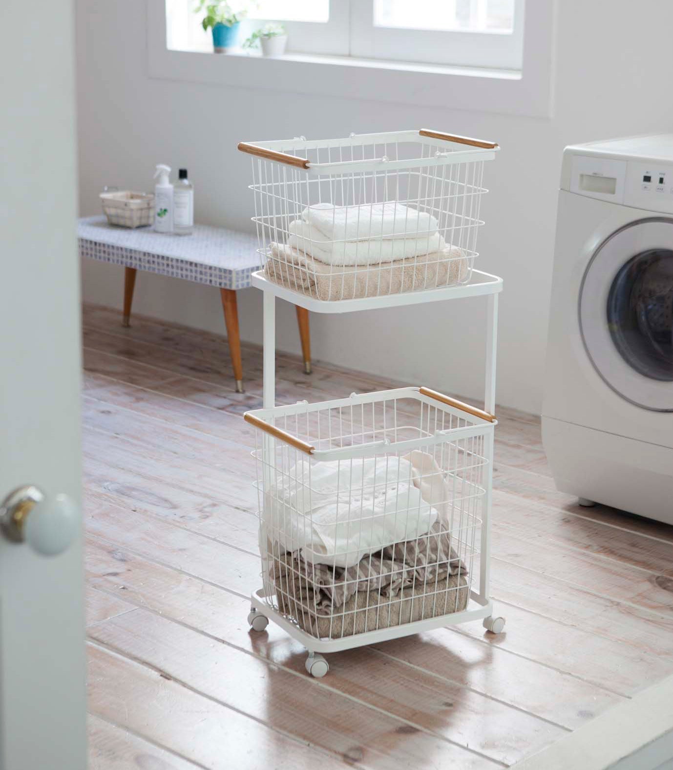 Rolling Laundry Cart + Wire Baskets (38" H)  - Steel + Wood