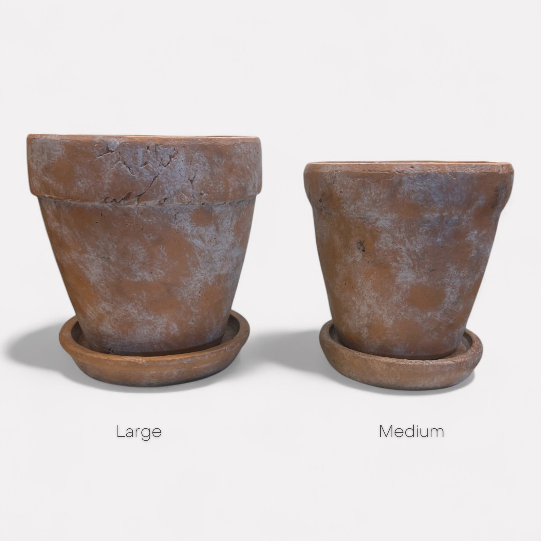 Venice Cement Planter with Dish and Drainage Hole, Handcrafted in Aged Terracotta, Large & Medium